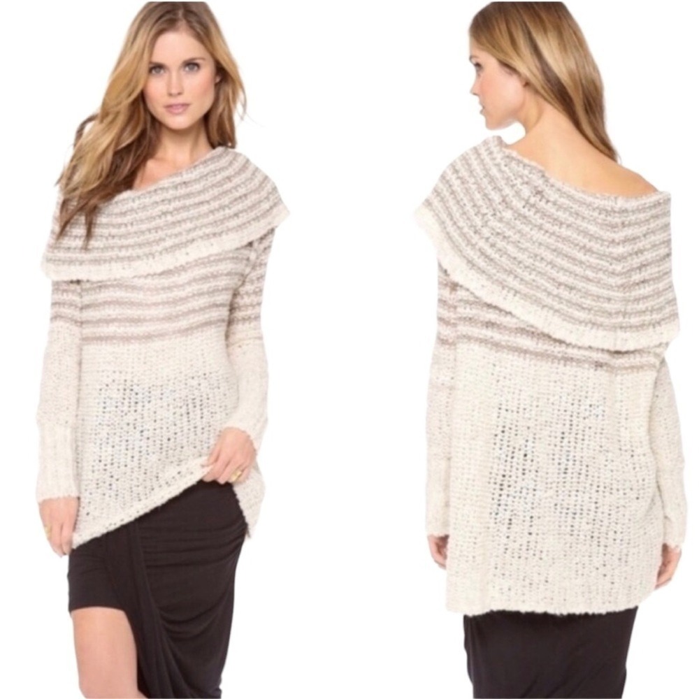 Free People Cream Taupe Striped Cowl Neck Off Shoulder Chunky Knit Sweater Small